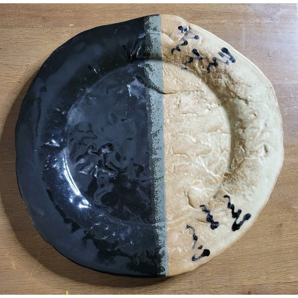 Handmade ceramic plate signed by artist Spoto Black and beige 9.5 inch stoneware